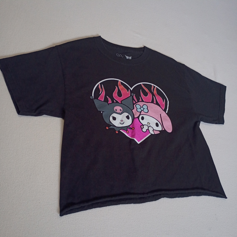 Bioworld My Melody & Kuromi Black Crop Tee with Pink and White Graphic Size S